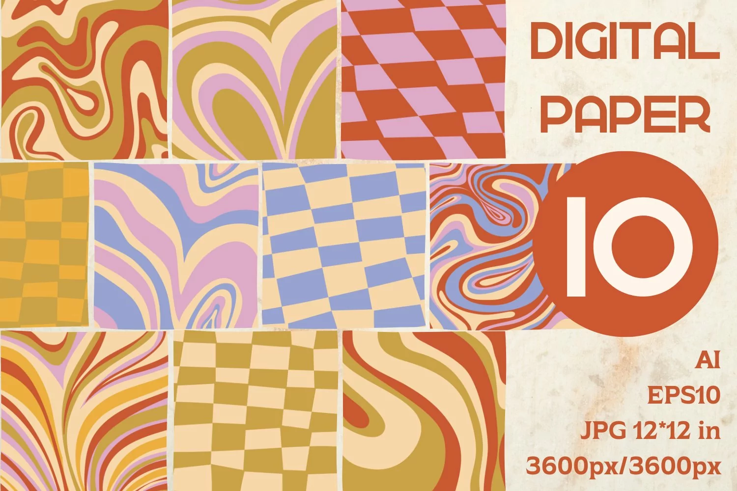 Retro Bundle 50 hippie groovy digital paper 复古捆绑 50张嬉皮时髦数码纸 -