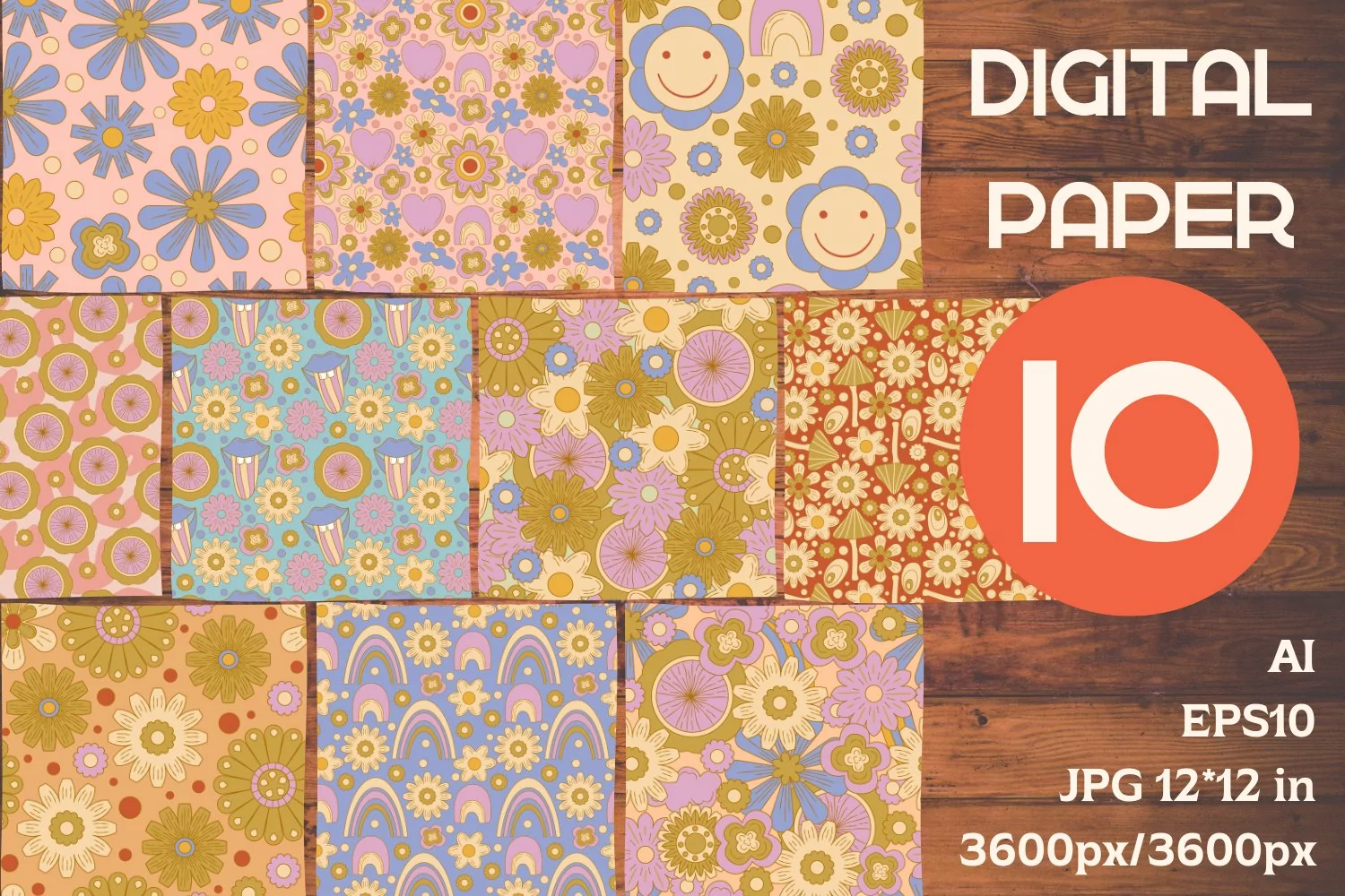 Retro Bundle 50 hippie groovy digital paper 复古捆绑 50张嬉皮时髦数码纸 -