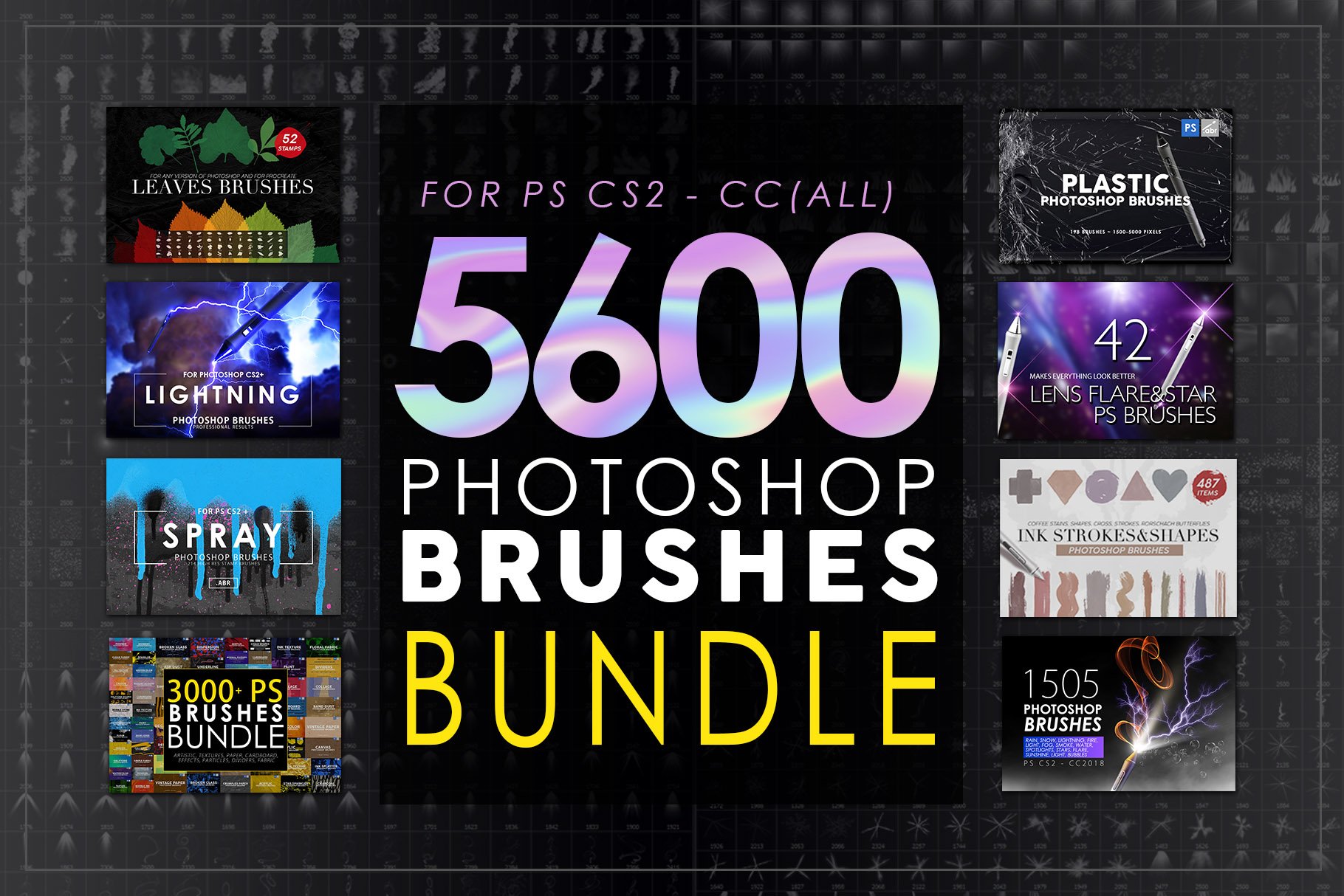 5600 Photoshop Brushes Bundle Photoshop笔刷套装 艺术画笔、纸张纹理、喷雾、树叶、绘画形状巨大画笔包 -