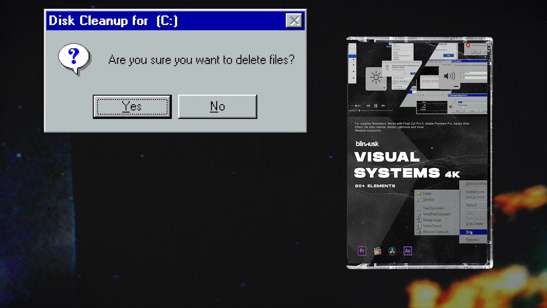 Blindusk - Visual Systems Windows 98 和 Mac OS X 错误弹出窗口、右键单击操作、进度条、控件 操作系统 4K 动画视觉效果+音效 -