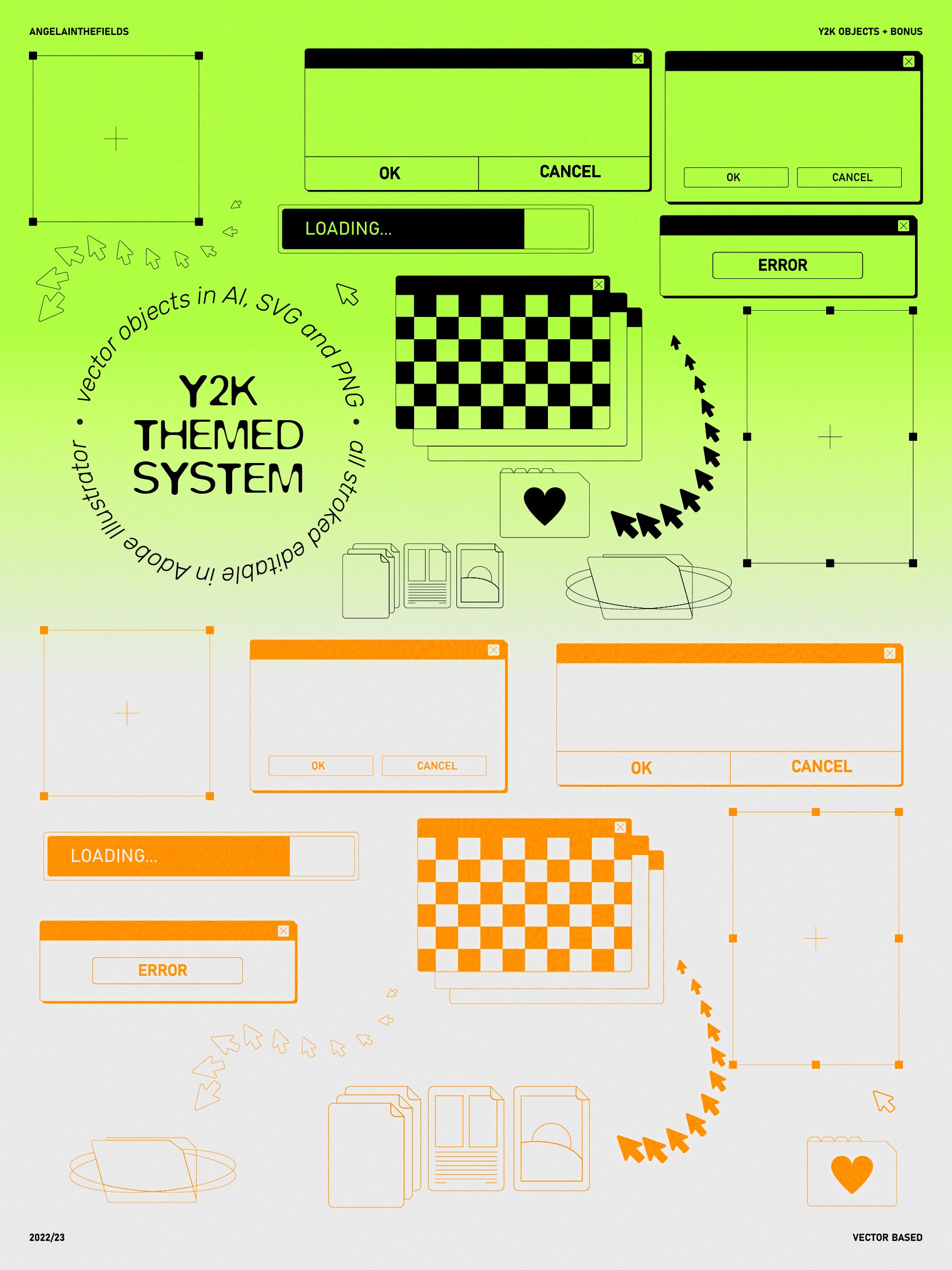 400+ Y2K Elements + Bonus 怀旧霓虹渐变流行的线框、可爱的猫脸、蝴蝶、旧手机、旗帜、图标元素 -