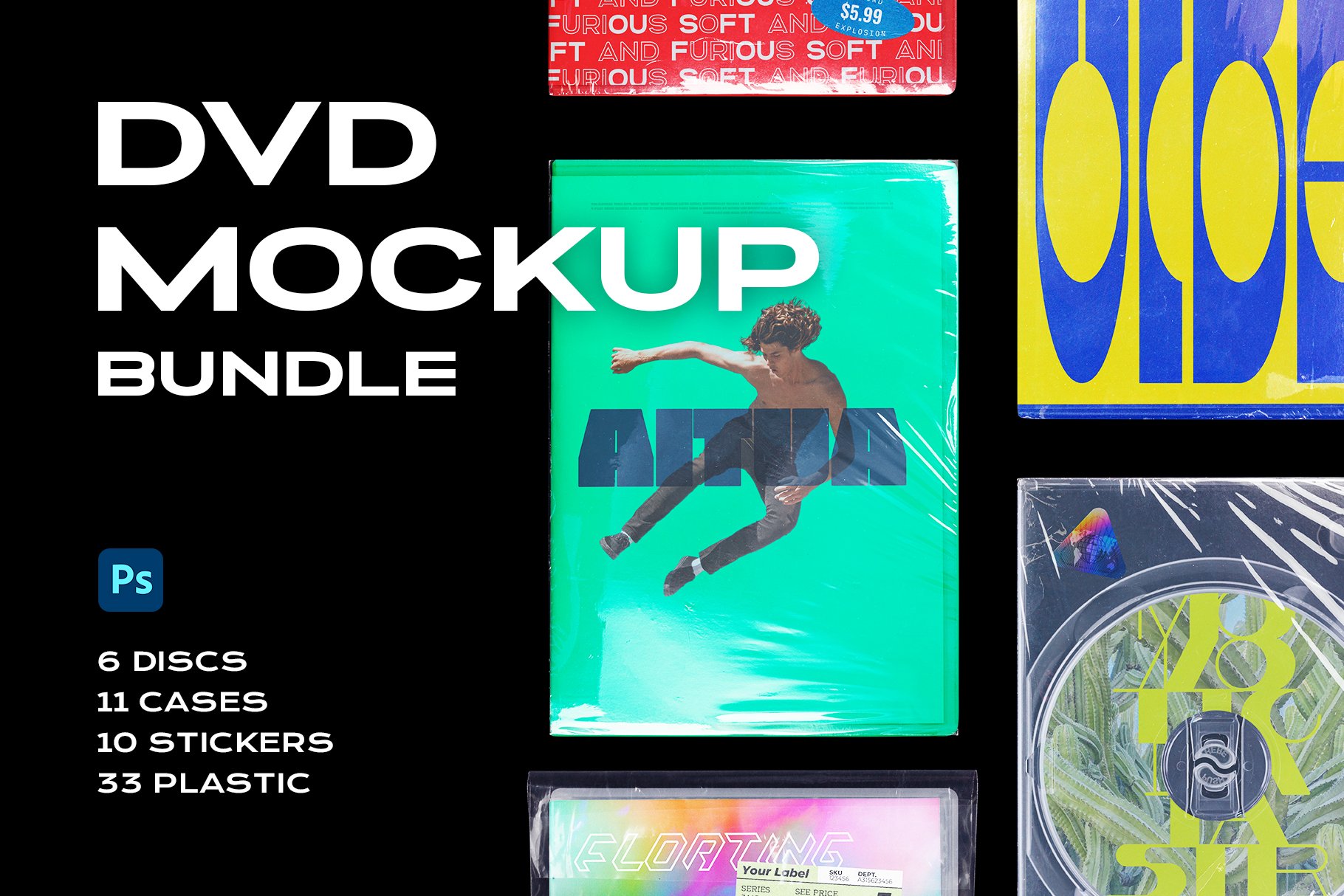 DVD Case Mockup Template Bundle Disc 光盘、盒子、贴纸、塑料袋样机PNG PSD模板 -