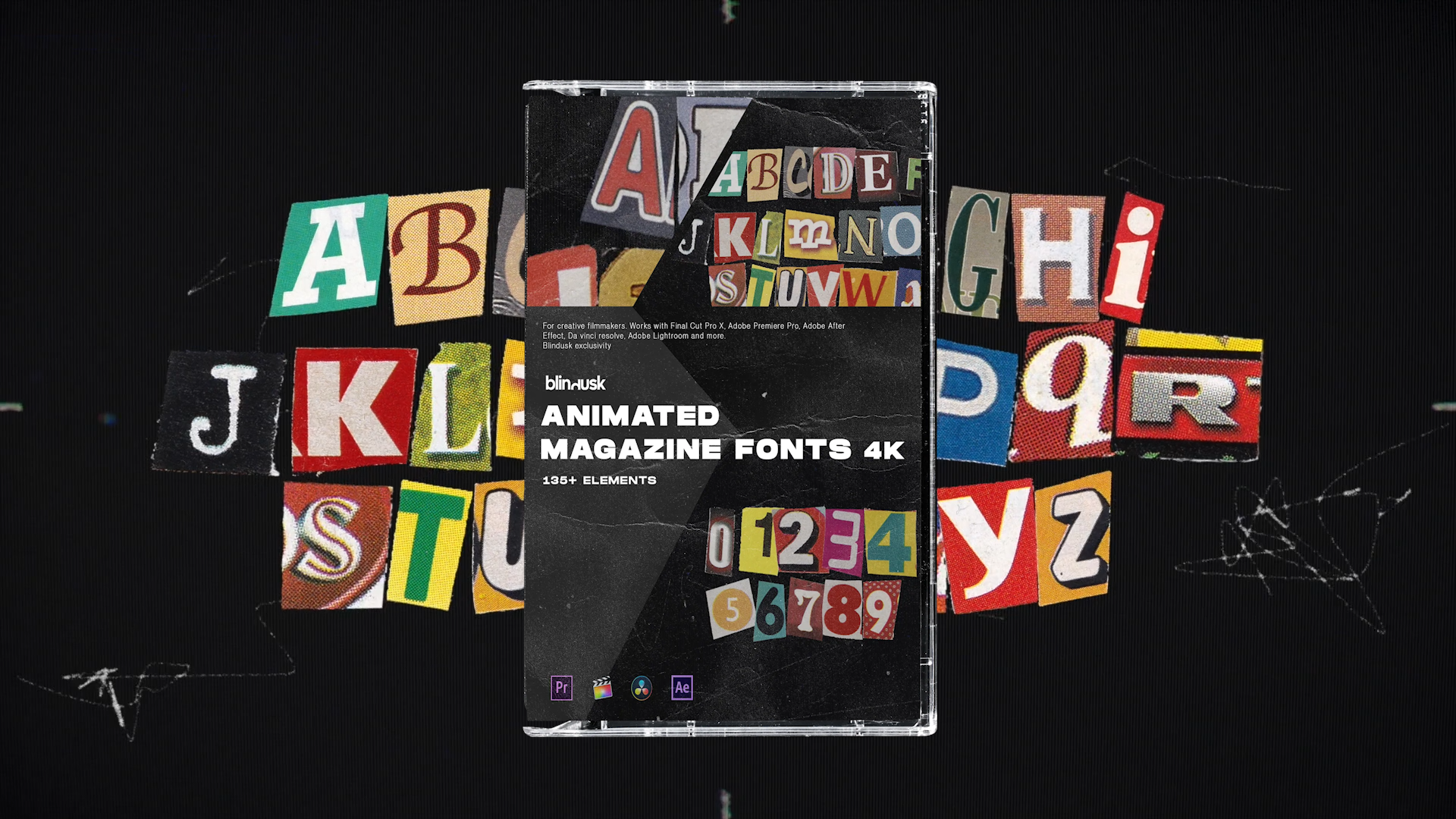 ANIMATED MAGAZINE FONTS 超135+复古字母数字拼贴元素创作杂志字体动画 4K超高清 适用 PS、PR、FCP、AE、Resolve -