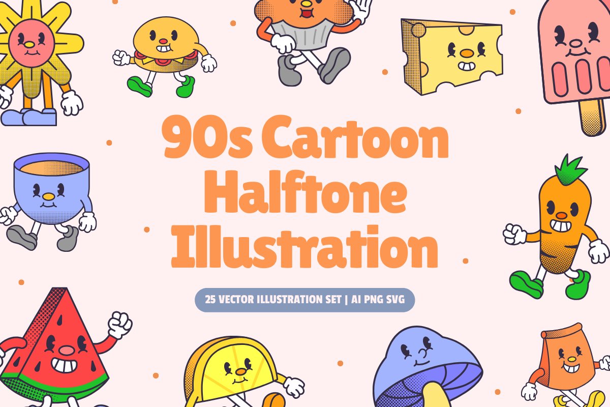 90s Cartoon Halftone Illustration 卡通半色调插图贴纸海报PNG/AI矢量图形 -