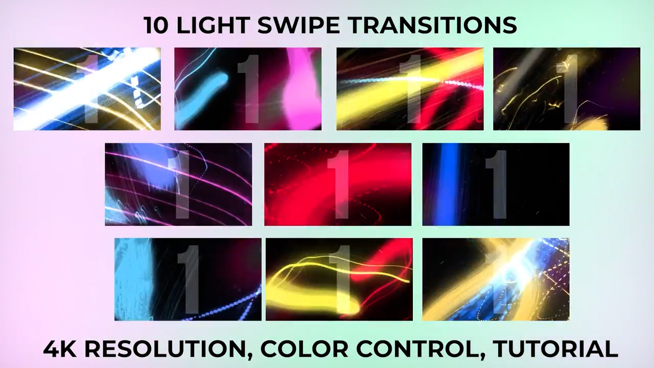 Light Swipe Transitions 10个 4K滑动灯光延时爆光过渡效果Ae模板 -