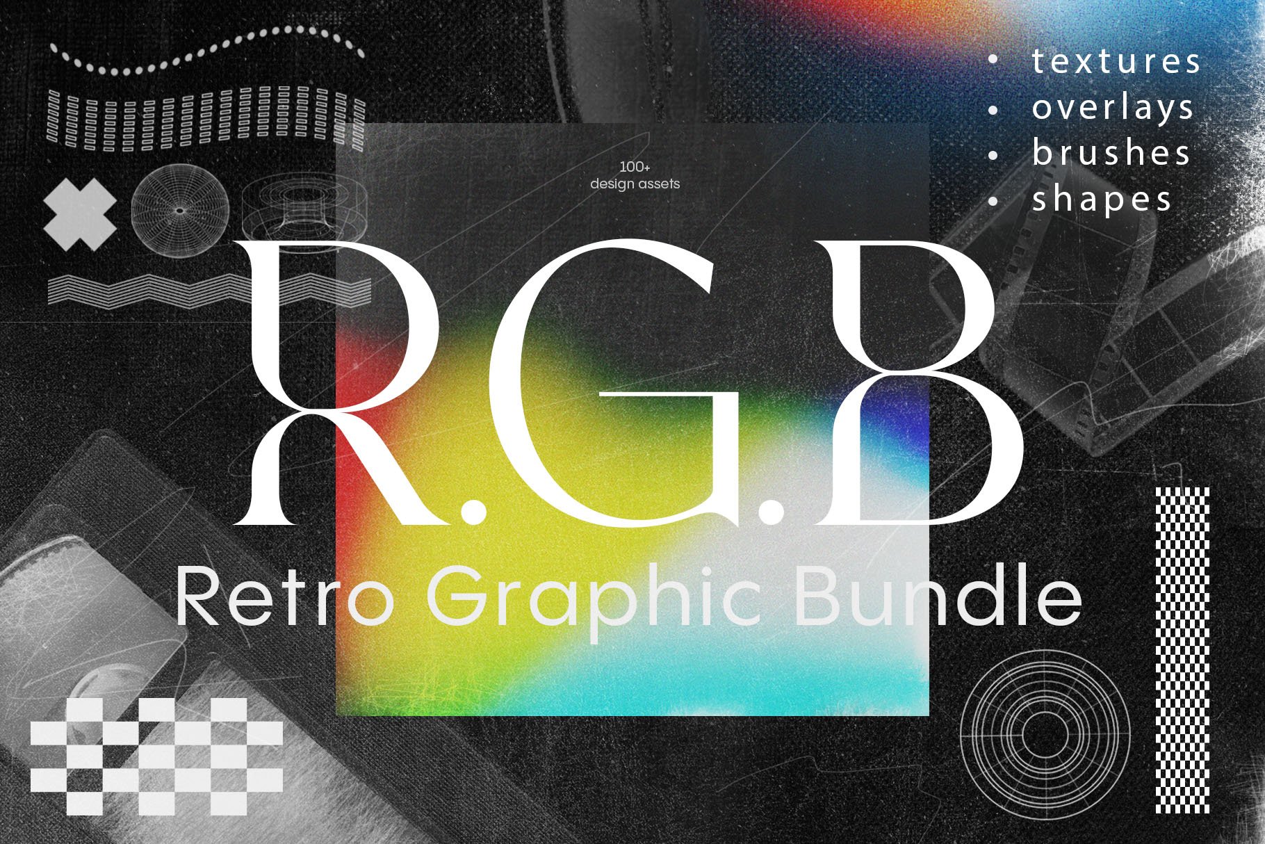 RGB - 100+ Design Assets 100多种设计资源PSD/AI/PNG/ABR、抽象垃圾画笔、几何形状、渐变纹理背景 -