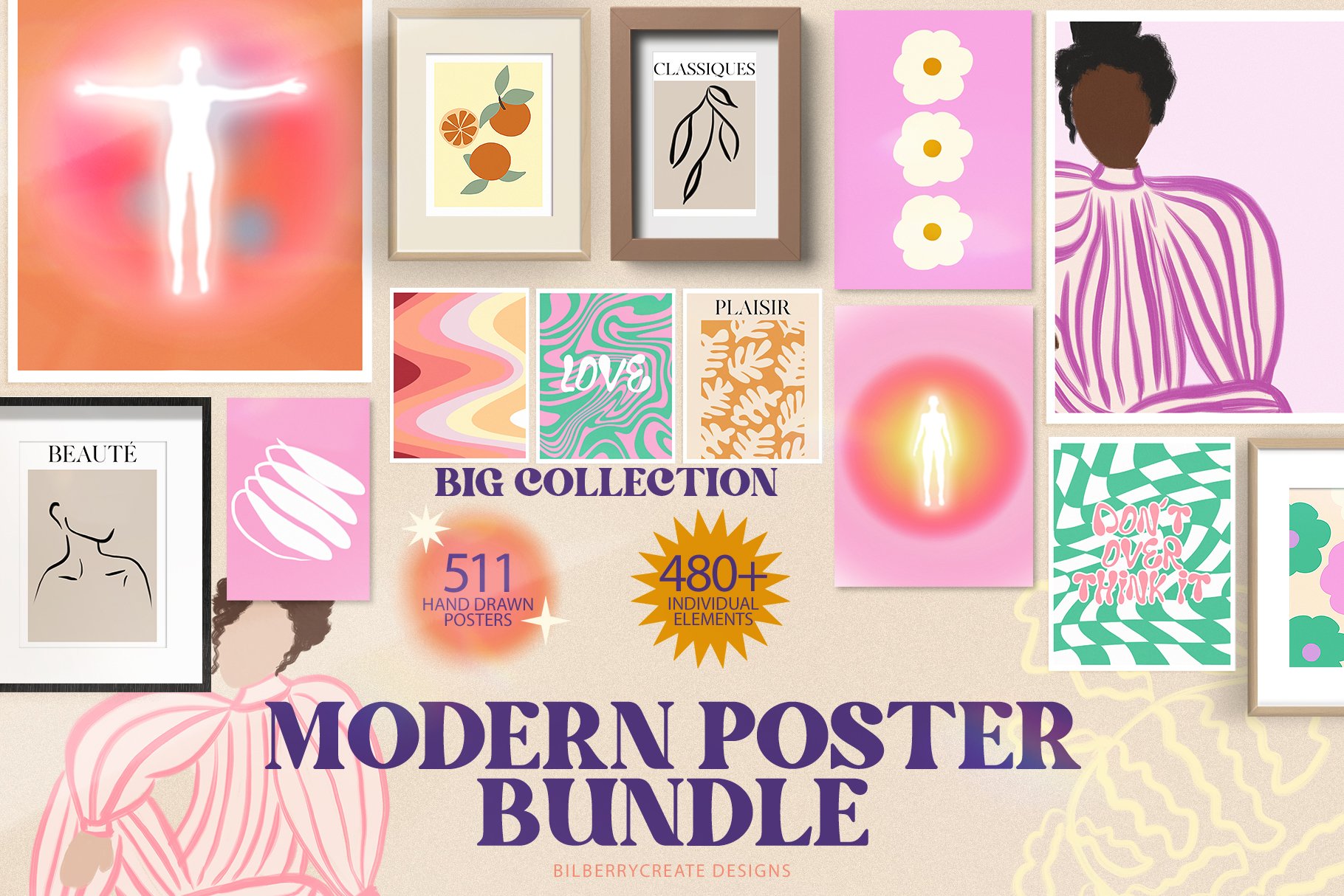 Modern Poster Bundle 511张现代海报设计抽象艺术室内装裱画印刷套装 + 488个海报图形元素 -