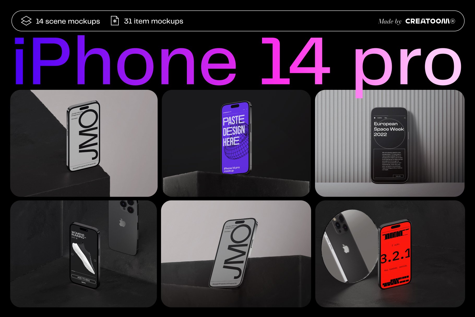 iPhone 14 Pro Mockups v1 苹果14 Pro模型预制场景样机模型设计 -