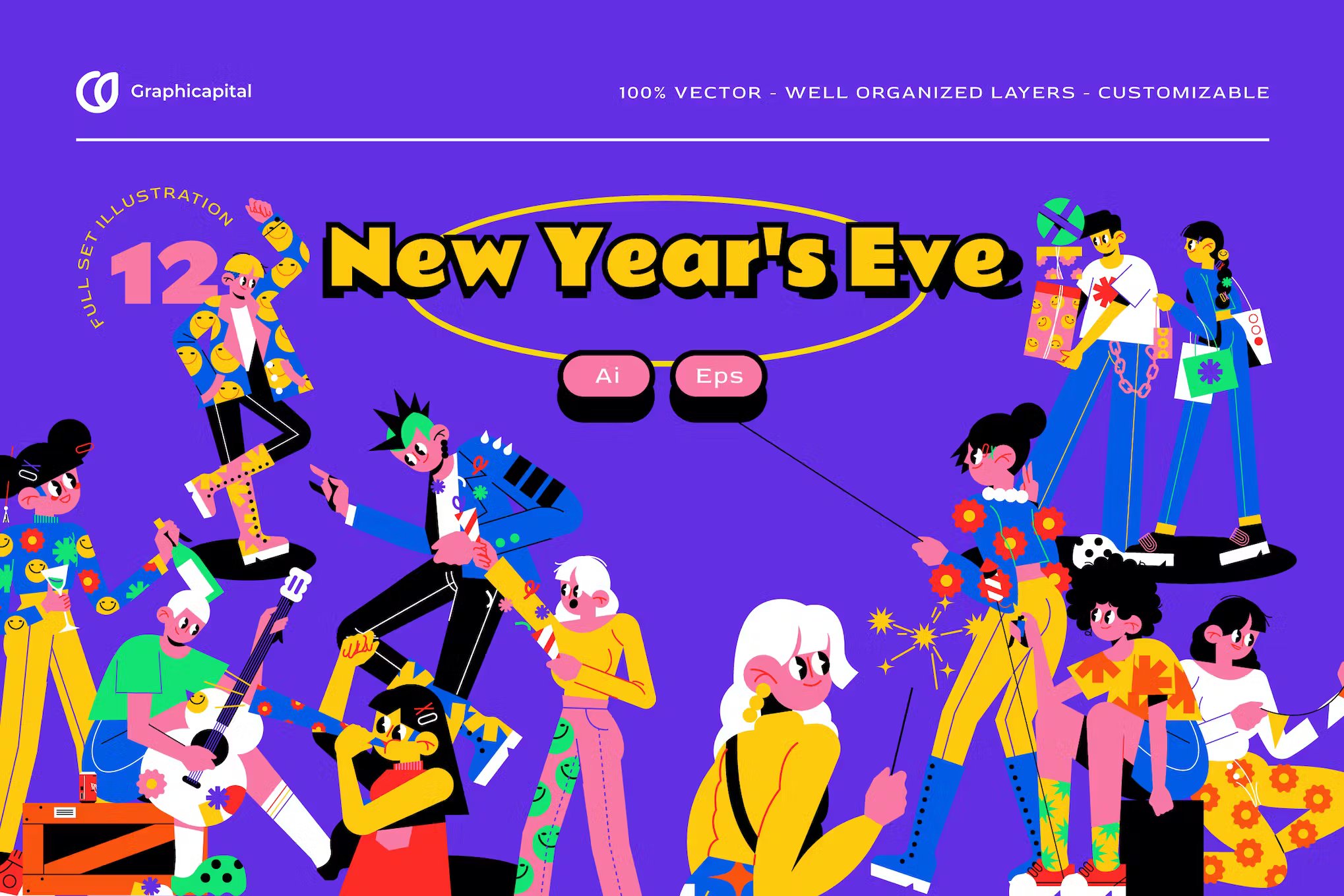 12款卡通人物形象紫色平面设计新年AI矢量插画集 Purple Flat Design New Year's Illustration Set -