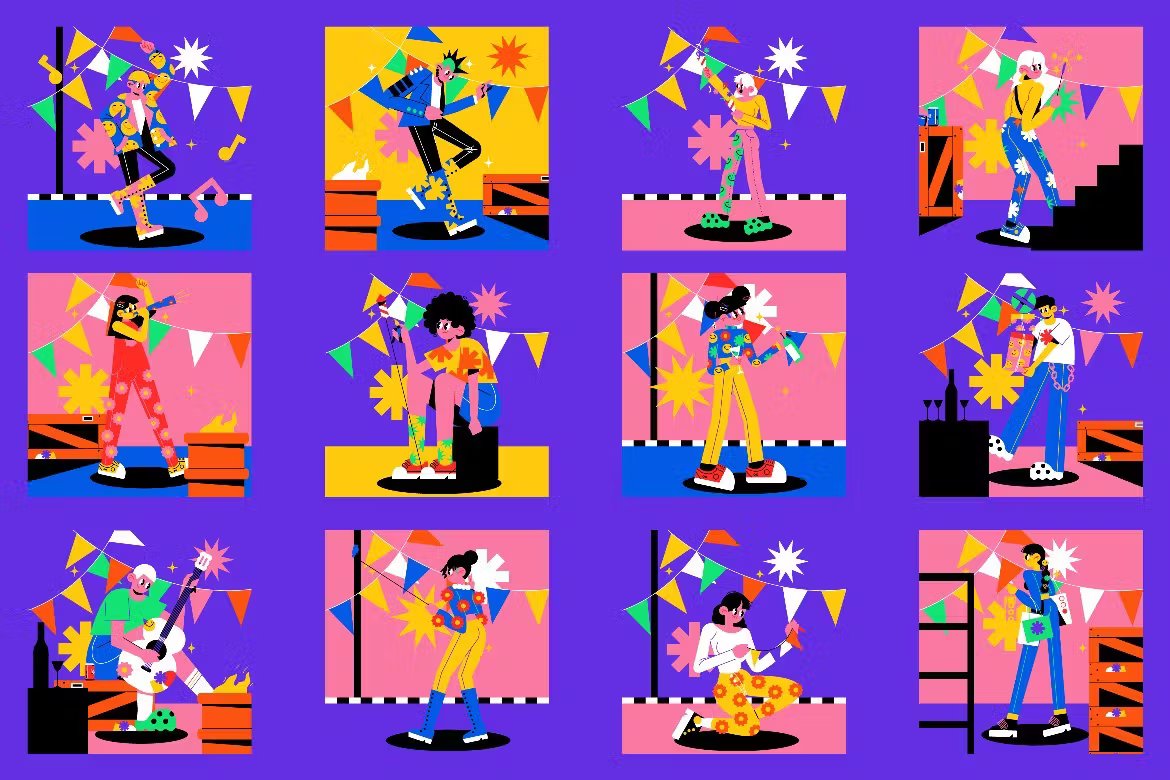 12款卡通人物形象紫色平面设计新年AI矢量插画集 Purple Flat Design New Year's Illustration Set -