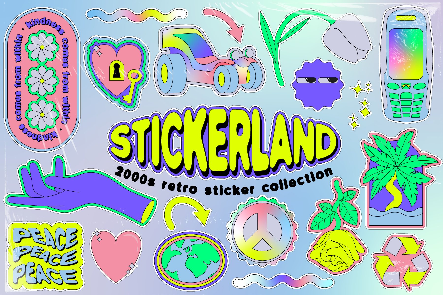 STICKERLAND 2000s Vector Set 复古贴纸元素多彩缤纷霓虹色调PNG、AI矢量集 -