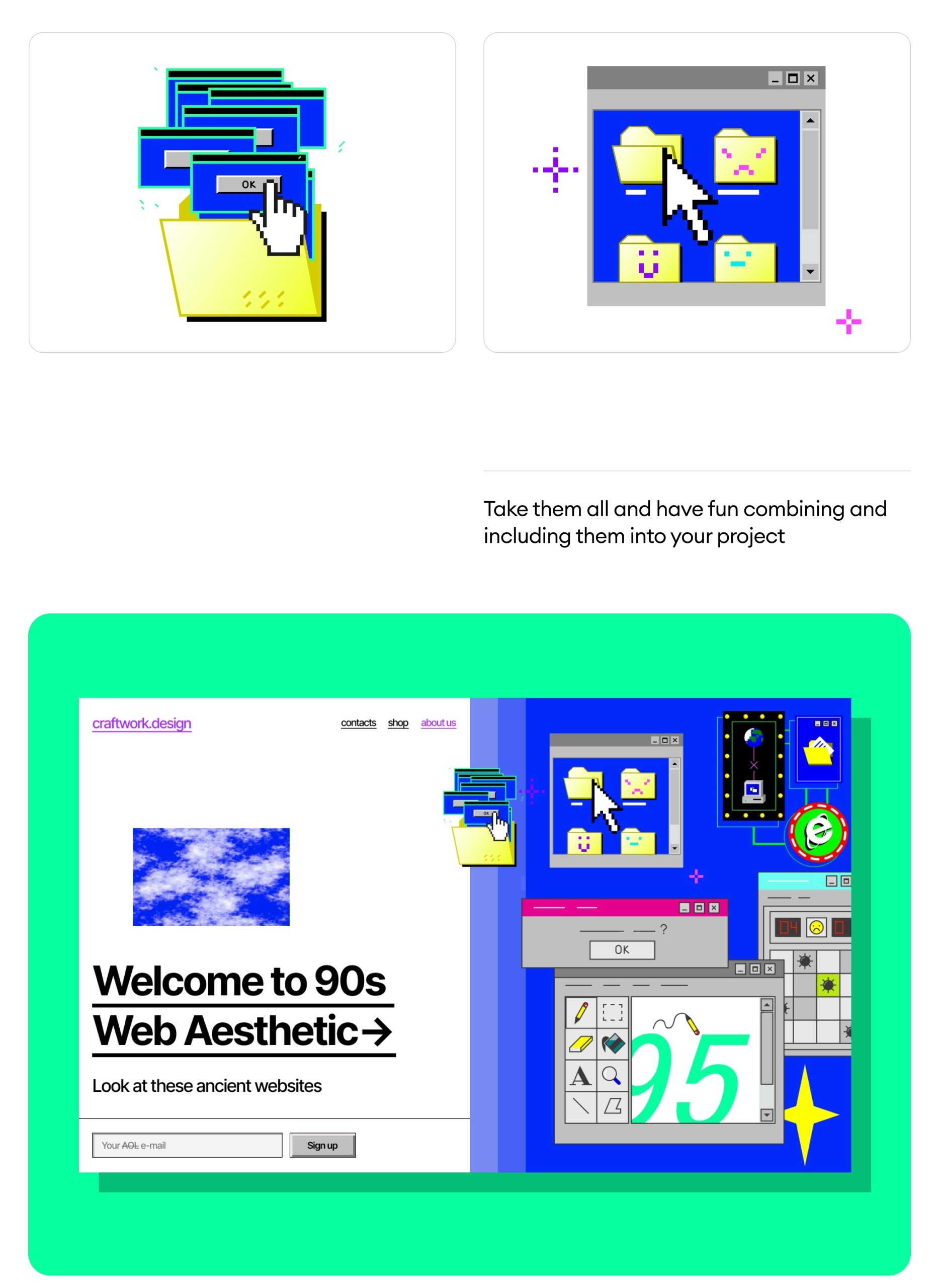 90s Illustrations 30幅鲜艳明亮Y2K复古计算机Win95插图元素PNG、AI 手绘风格电脑游戏机手机插画 -