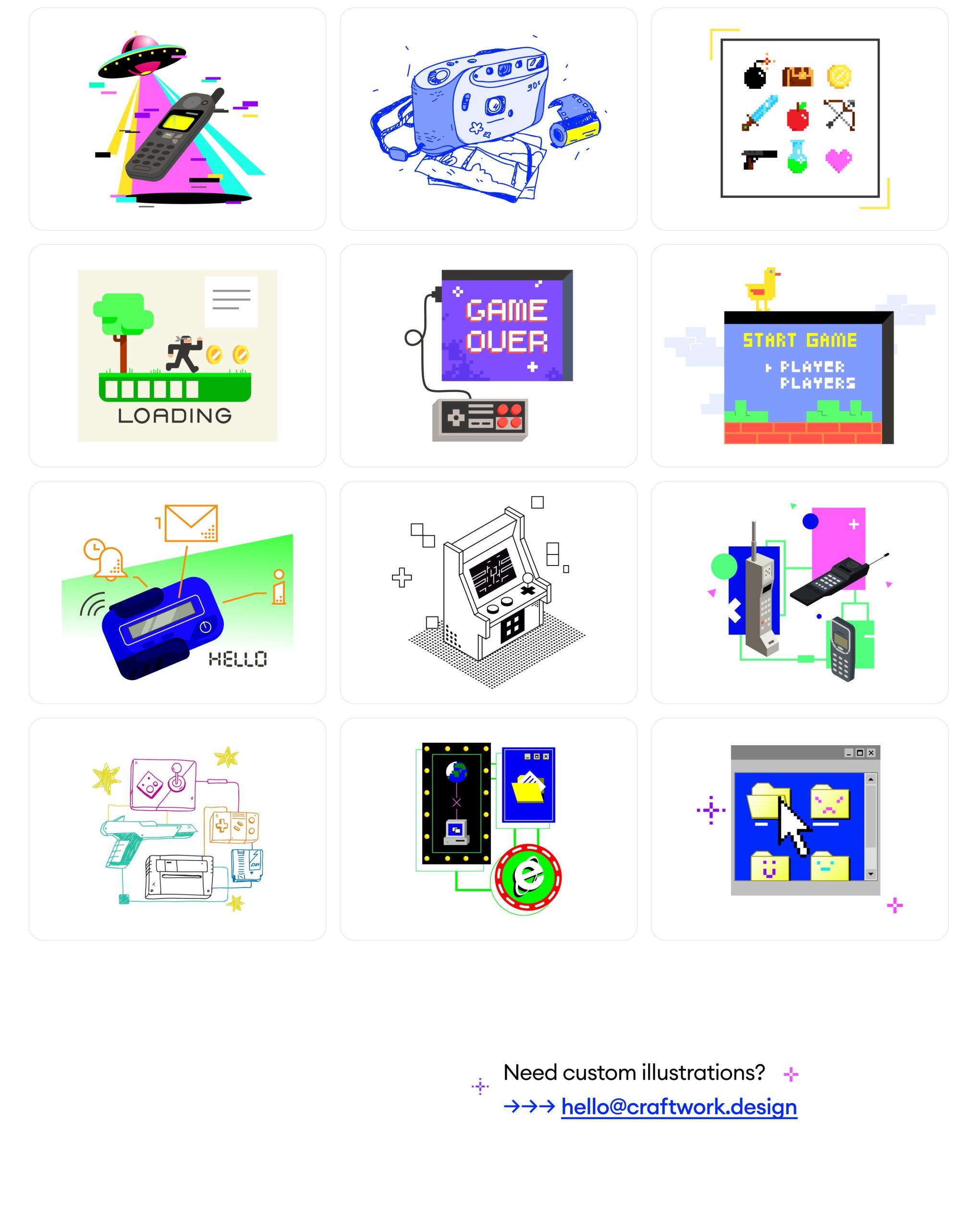 90s Illustrations 30幅鲜艳明亮Y2K复古计算机Win95插图元素PNG、AI 手绘风格电脑游戏机手机插画 -