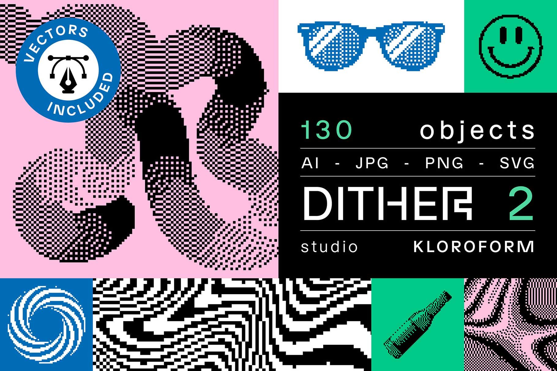 Dither 2 一组 130个复古时尚像素海报设计产品印刷矢量PNG图形元素 -