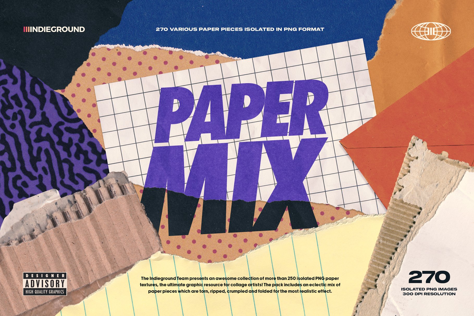 Paper Mix 250张撕纸纹理 牛皮纸、信封、纸板、便利贴笔记本纸、彩纸、图案纸张套装 Indieground Design -