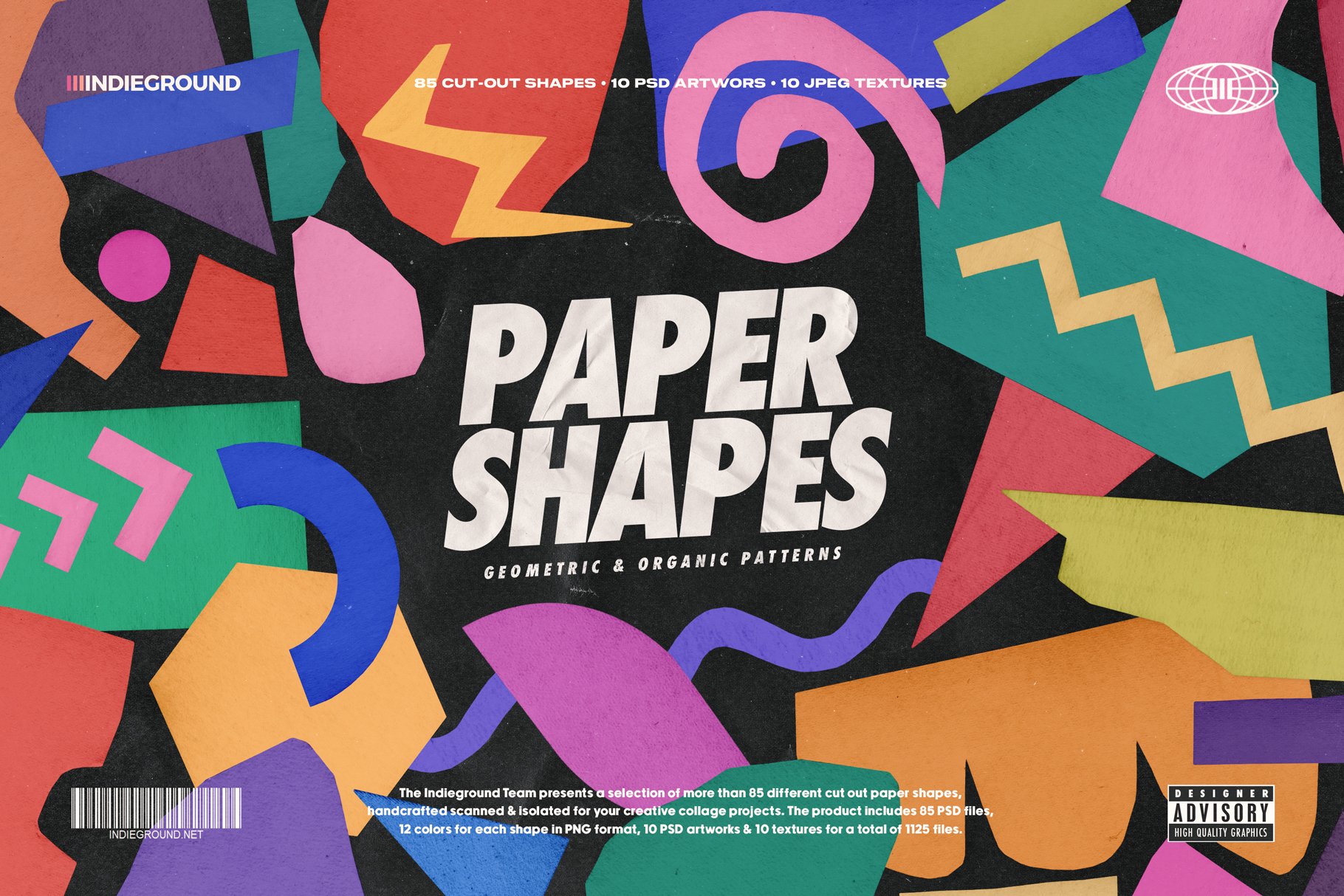 Paper Shapes 85种马蒂斯简约和孟菲斯艺术拼贴海报设计时髦图案剪纸形状和背景纹理PNG/PSD -