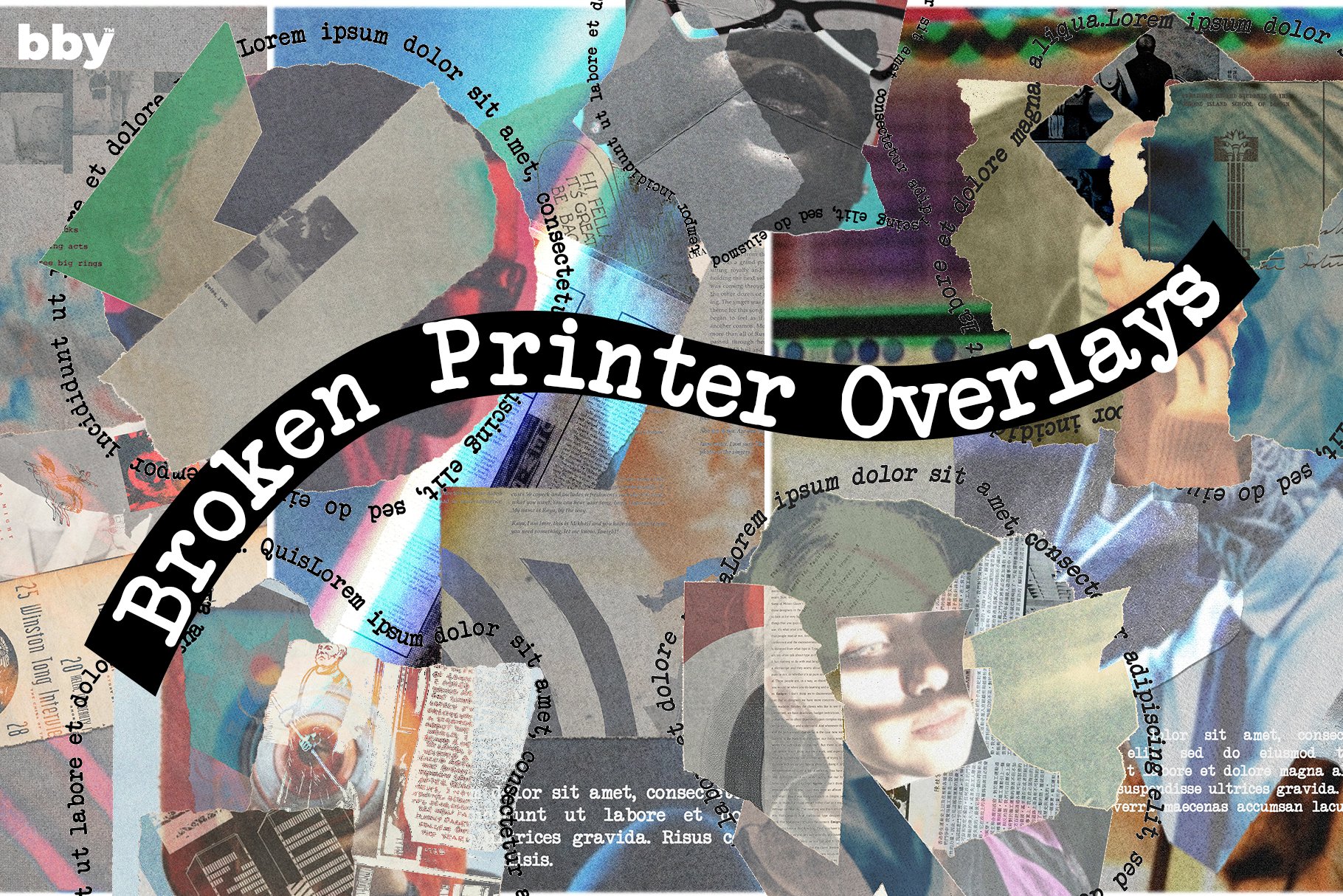 Broken Printer Overlays 15个复古撕纸潮流艺术拼贴海报设计元素Photoshop模板 bbymedia.store -