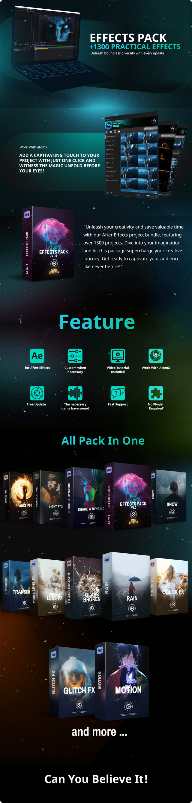 AE插件：Effects Pack V2.0 - Transitions ,Effects ,Footages and Presets and more 1600+转场过渡、效果、素材和预设等 -