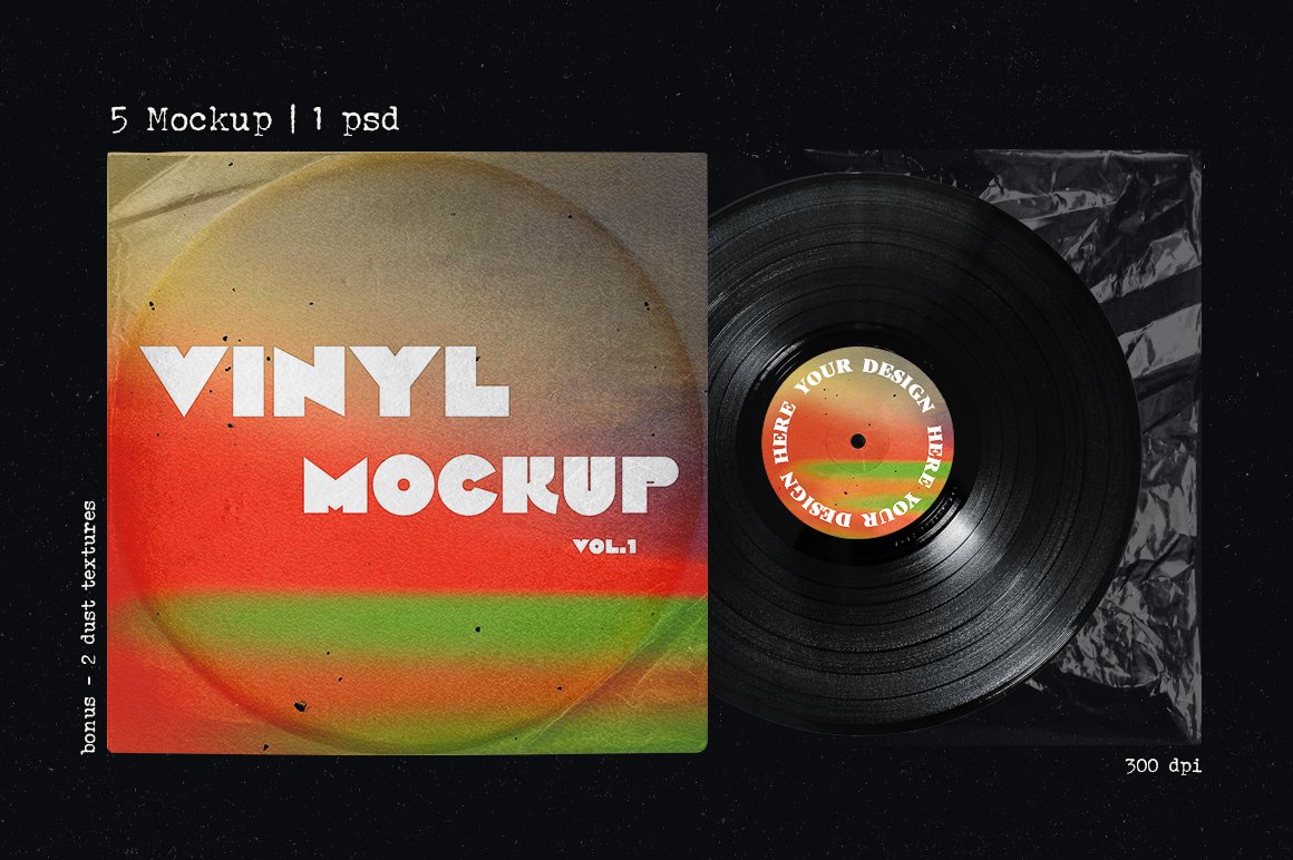 复古风格黑胶唱片模型海报传单社交媒体图形包装样机 Vinyl record retro mockup -