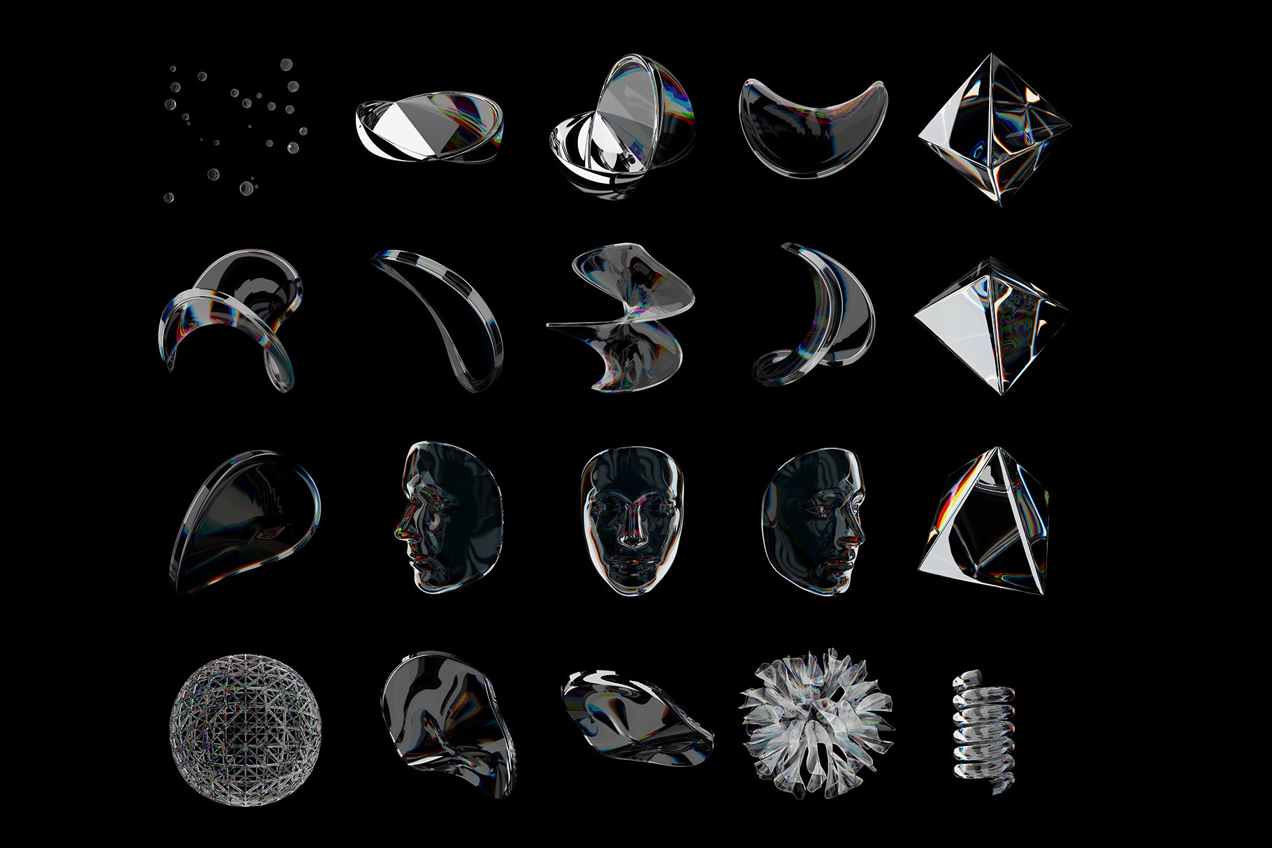 54种不同且独特的玻璃水晶3D立体形状设计元素合集 3D Chromatic Shapes Pack -