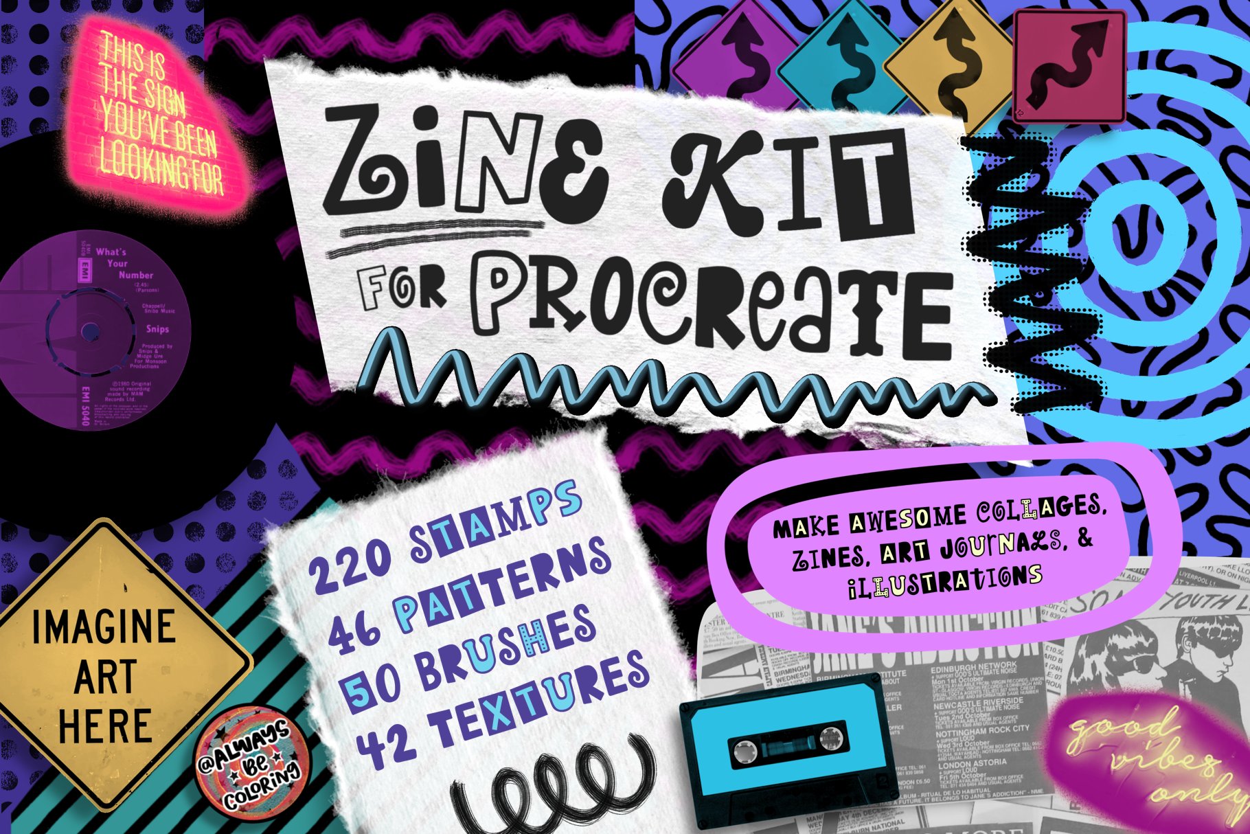 Procreate Zine Kit with 350 Brushes! 超350种画笔和图章带纹理图案、着色器、标记和刻字画笔、半色调、字母和文字图章以及逼真拼贴图章 -