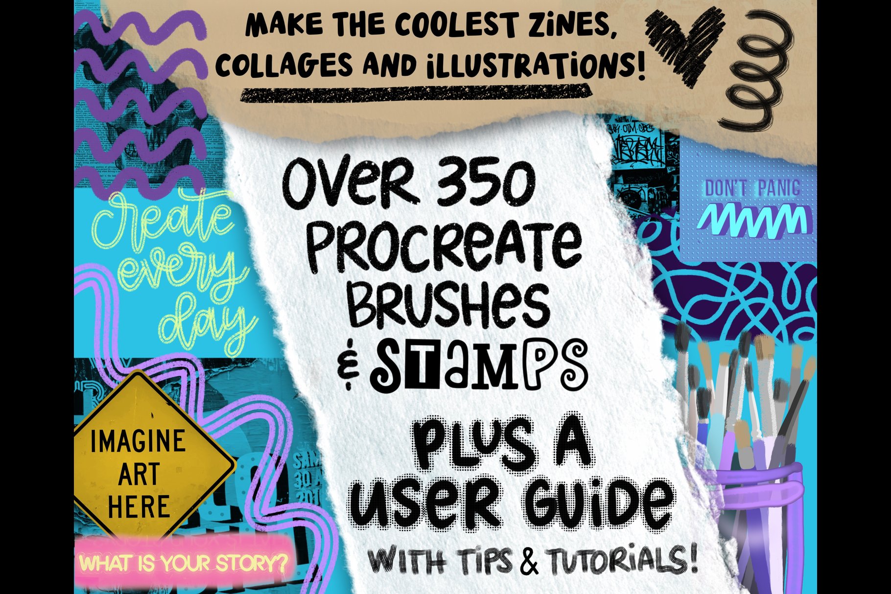 Procreate Zine Kit with 350 Brushes! 超350种画笔和图章带纹理图案、着色器、标记和刻字画笔、半色调、字母和文字图章以及逼真拼贴图章 -