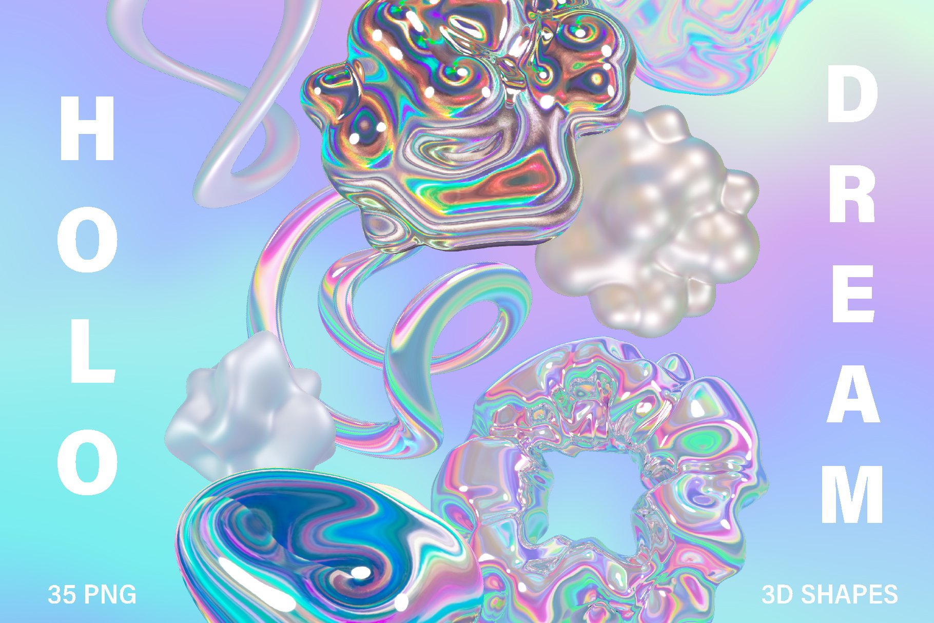 35款全息迷幻酸性虹彩3D形状抽象艺术PNG设计图形 Holo Iridescence 3D Shapes graphics -