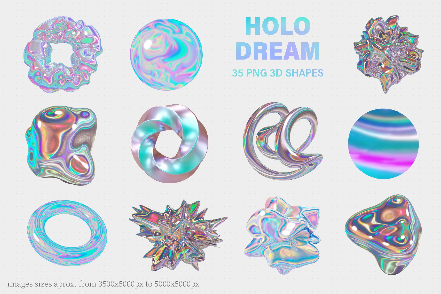 35款全息迷幻酸性虹彩3D形状抽象艺术PNG设计图形 Holo Iridescence 3D Shapes graphics -