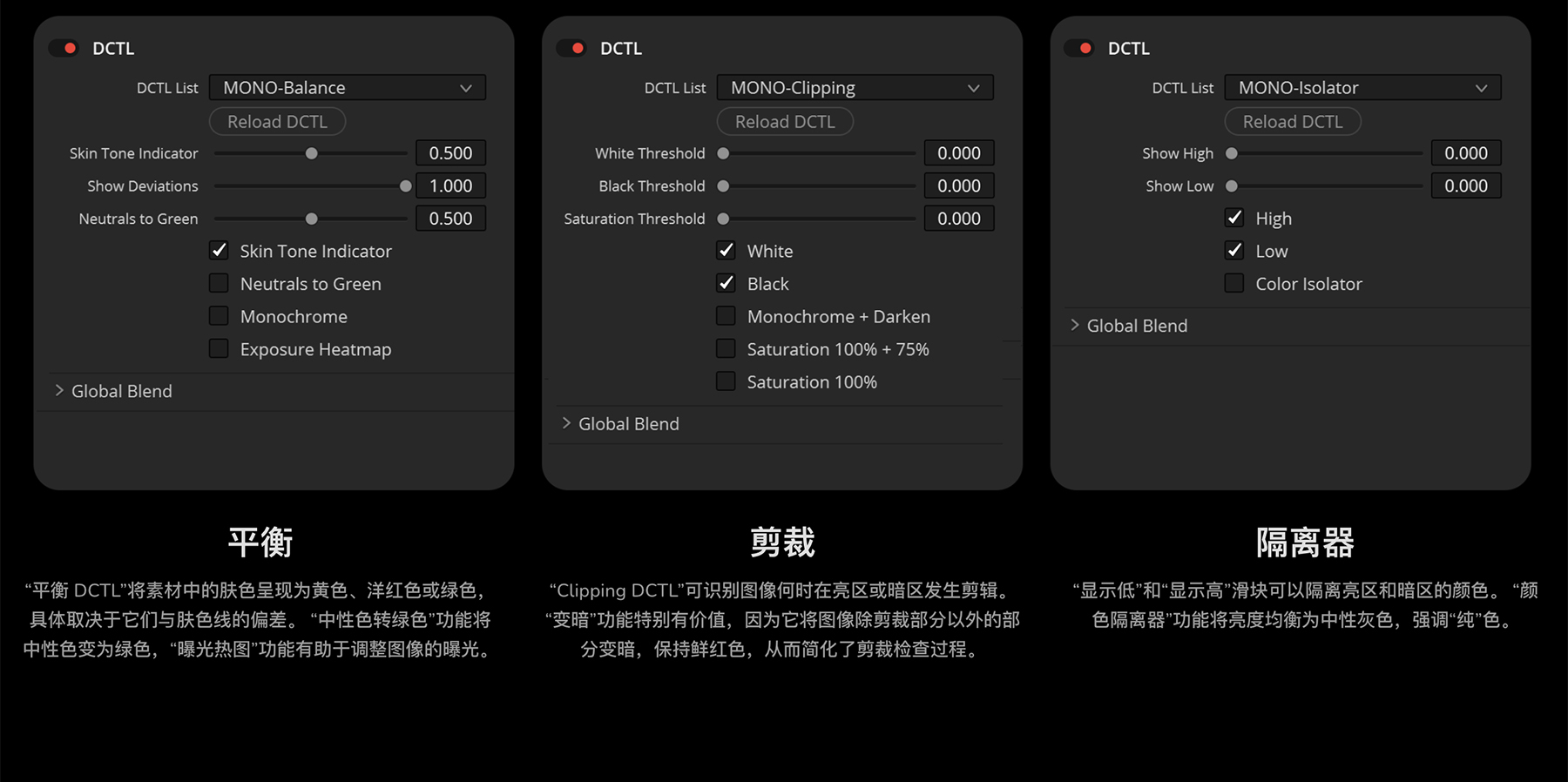 MonoNodes – UTILITY DCTLS 达芬奇图像分析调整肤色管理颜色偏差平衡及亮部暗部分离DCTL插件 DaVinci Resolve DCTLS -