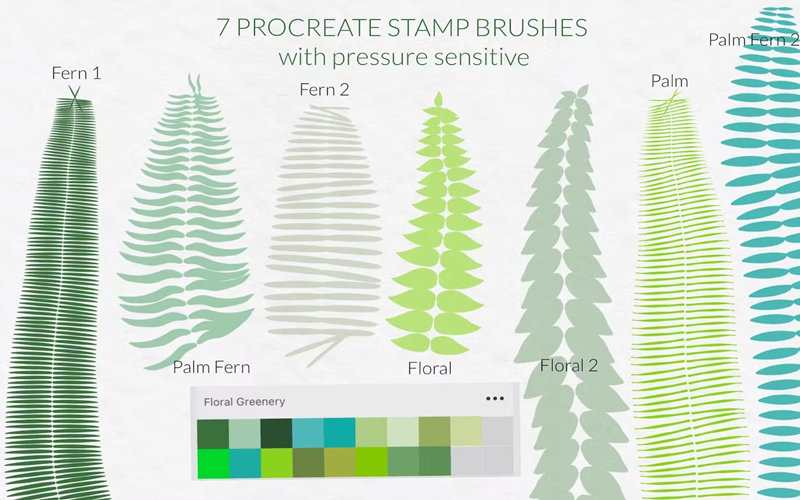 绿色蕨类植物Procreate图章笔刷棕榈树叶丛林景观插图手绘画设计_