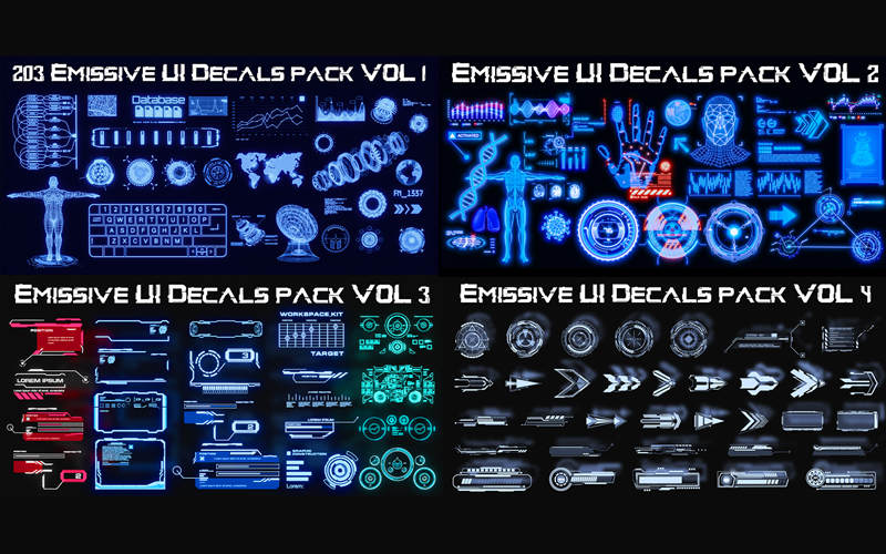 【Blender预设】科幻风格UI界面资产预设元素包 Bundle! Emissive Ui Decals Pack_