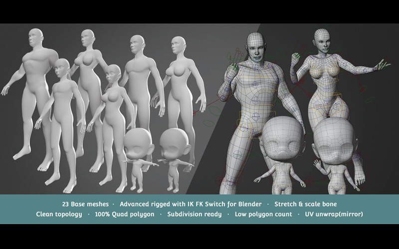 【Blender预设】Base Meshes Character Starter Kit + Rig V2.7 人物角色绑定工具_