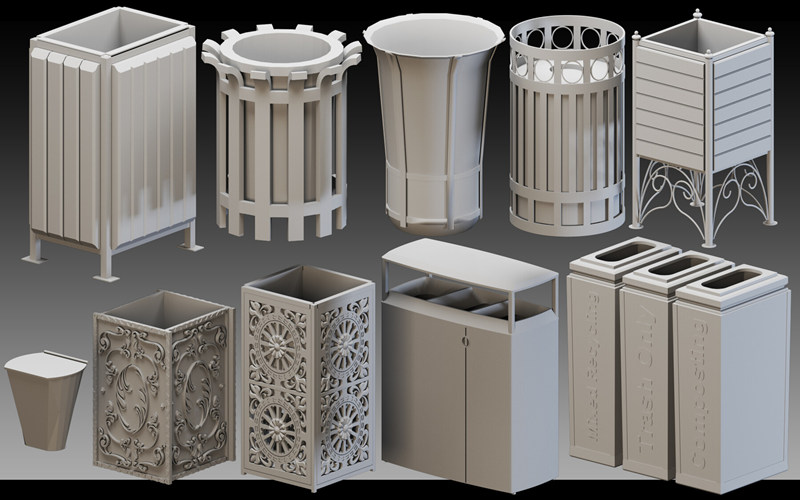 C4D城市垃圾桶垃圾箱3D模型废品回收站垃圾收纳箱回收桶基础白模_