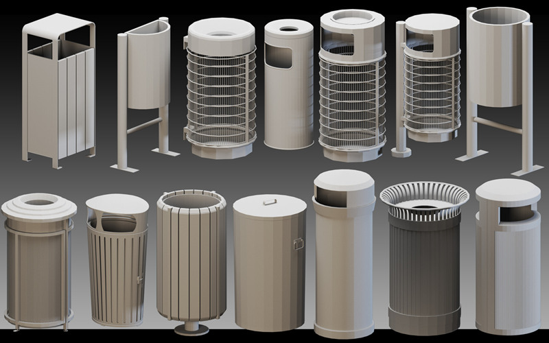 C4D城市垃圾桶垃圾箱3D模型废品回收站垃圾收纳箱回收桶基础白模_