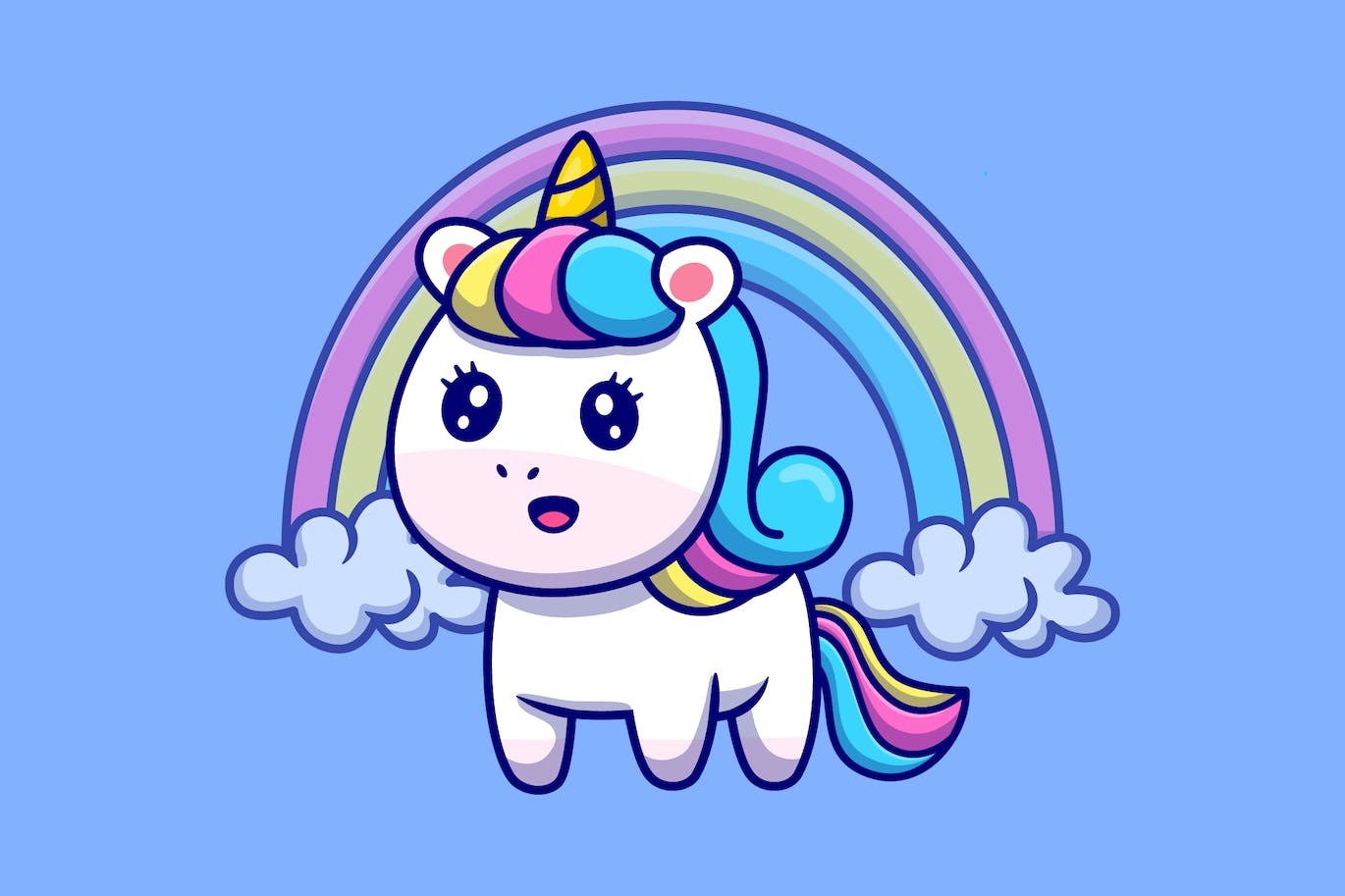 可爱的独角兽与彩虹卡通插画 Cute Unicorn With Rainbow Cartoon Illustration