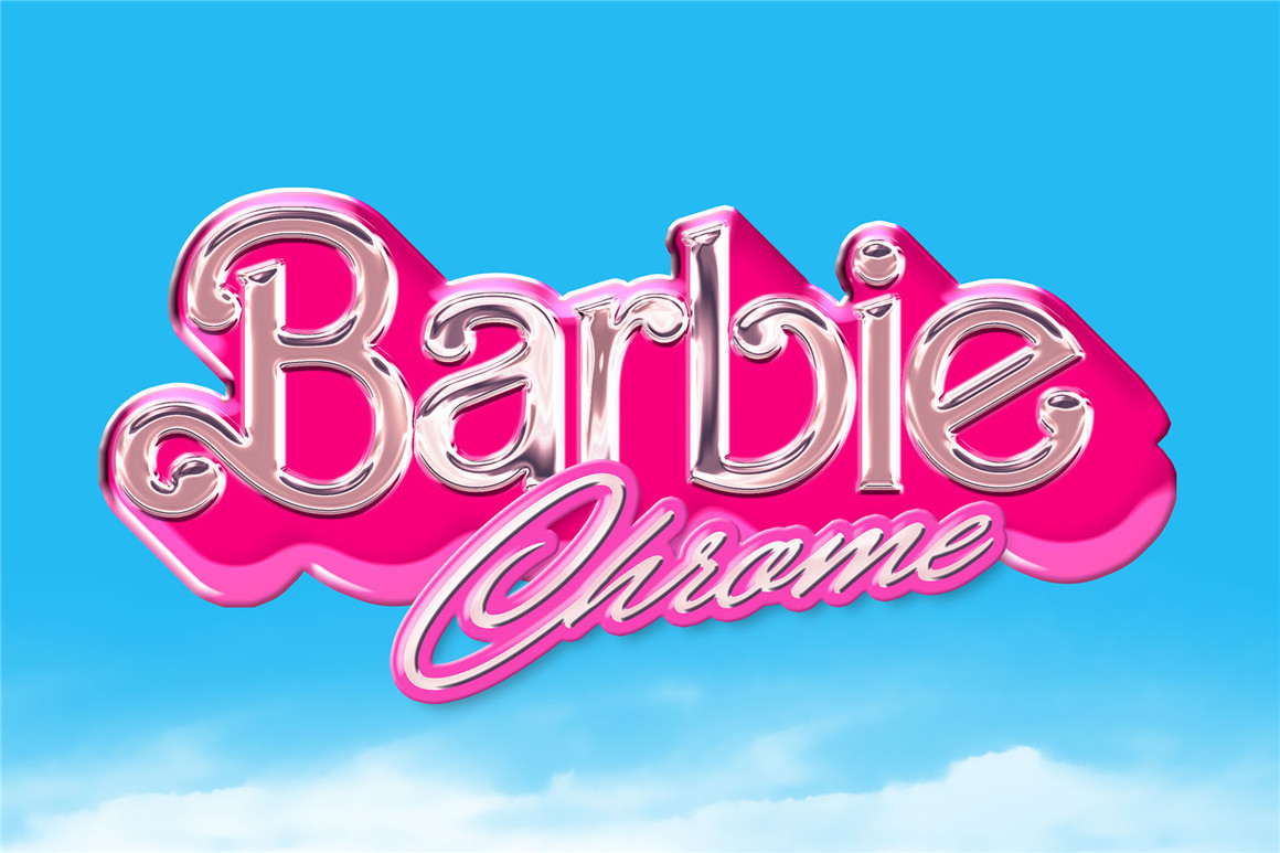 《芭比》电影风格金属镀铬美学文字标题PSD样机模板 Barbie Chrome Text Effect（9374） -