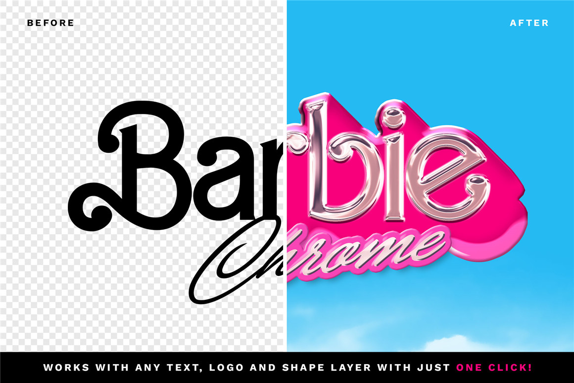 《芭比》电影风格金属镀铬美学文字标题PSD样机模板 Barbie Chrome Text Effect（9374） -