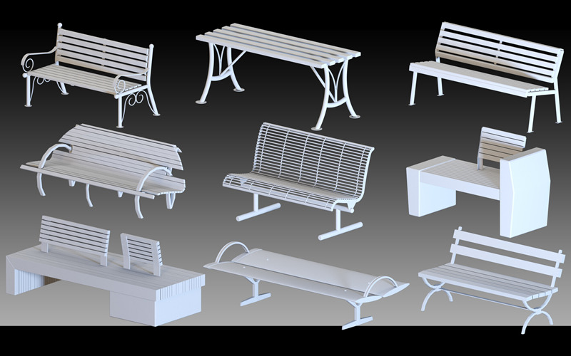 C4D城市长椅公园靠椅3D模型高细节长椅板凳户外长座椅基础白模_