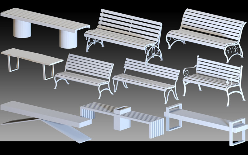 C4D城市长椅公园靠椅3D模型高细节长椅板凳户外长座椅基础白模_
