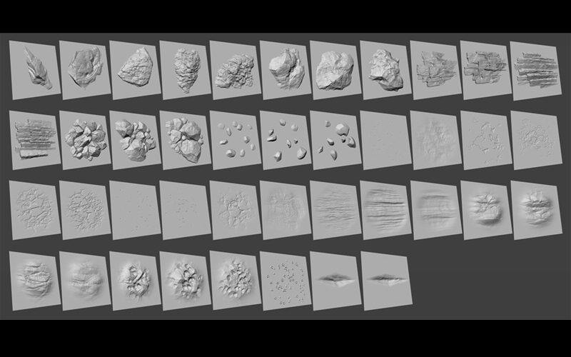 ZBrush风格化碎石岩石石头笔刷地表石头碎石头岩石细节雕刻zb笔刷_
