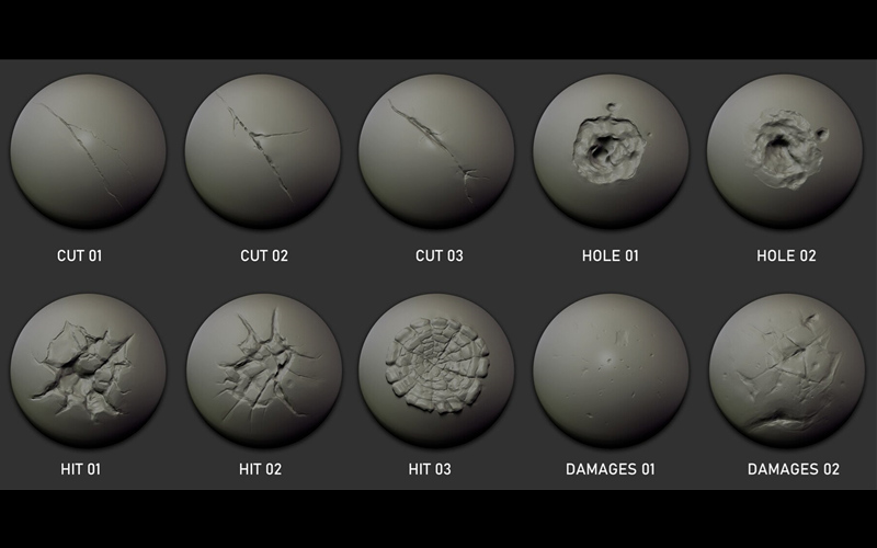 ZBrush玻璃金属冲击损坏Alpha笔刷混凝土弹孔木材冲击雕刻zb笔刷_