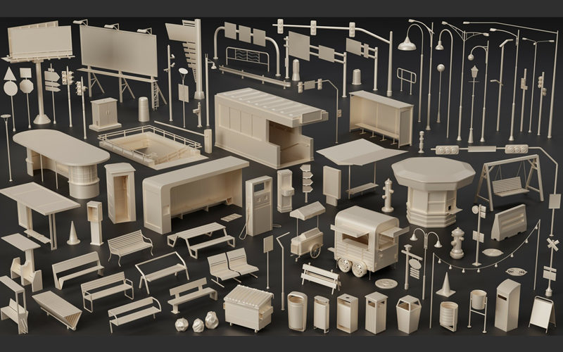 Blender街道广告牌信号灯3D模型长凳靠椅栏杆路灯垃圾桶基础白模_