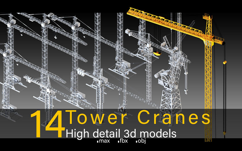 C4D高细节塔式起重机3D模型室外塔吊设备港口起重机设备基础白模_