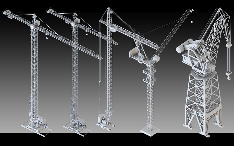 C4D高细节塔式起重机3D模型室外塔吊设备港口起重机设备基础白模_