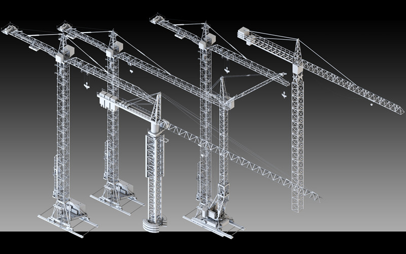 C4D高细节塔式起重机3D模型室外塔吊设备港口起重机设备基础白模_