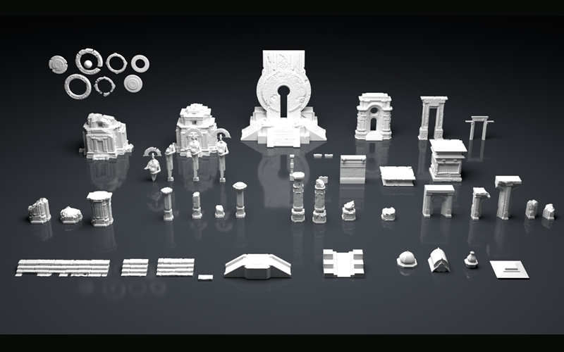 Blender古代寺庙建筑遗址3D模型神庙建筑物立柱雕像废墟基础白模_