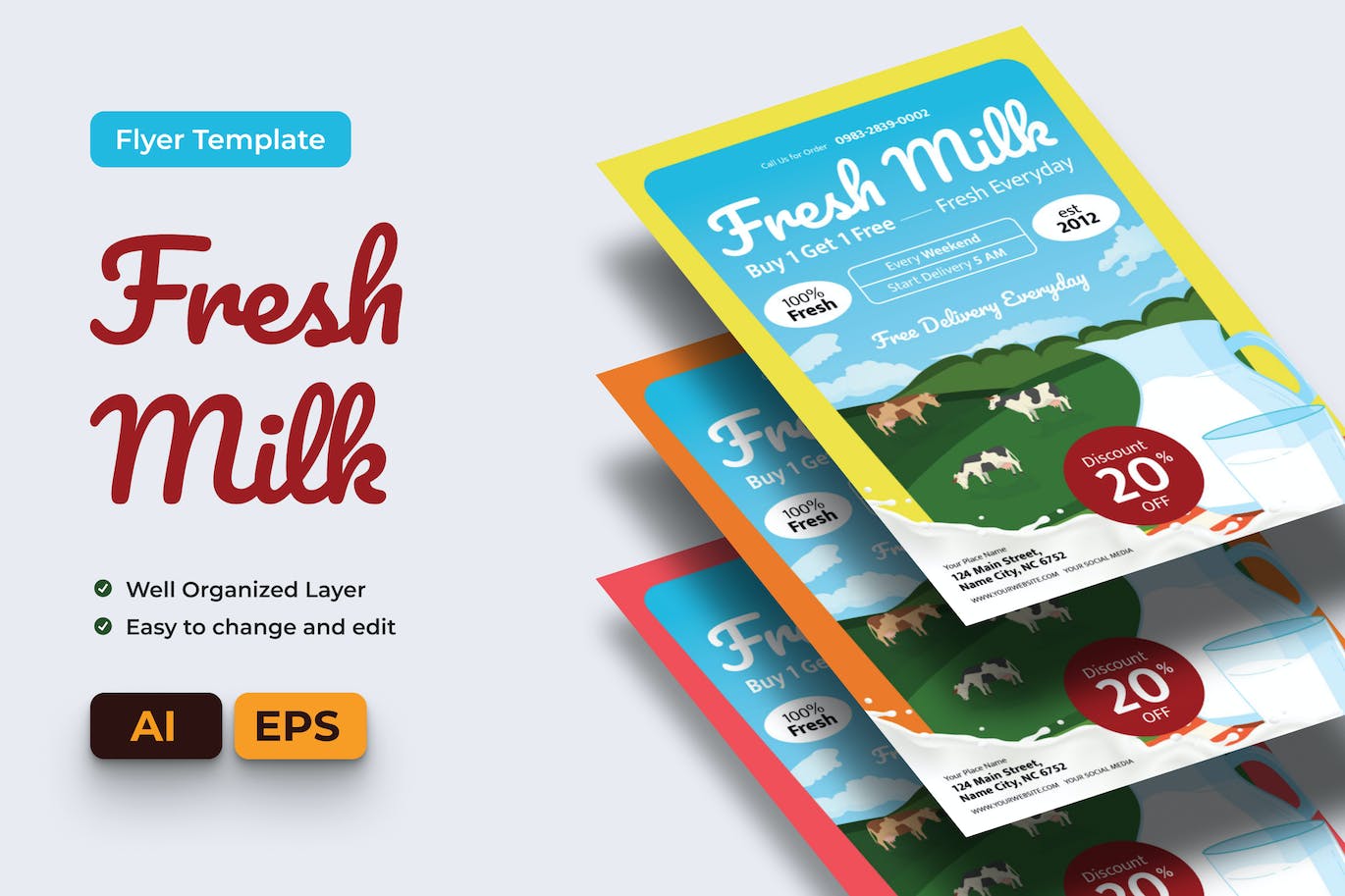 鲜奶/牧场传单 Ai &#038; EPS 模板 Fresh Milk Flyer Ai &#038; EPS Template