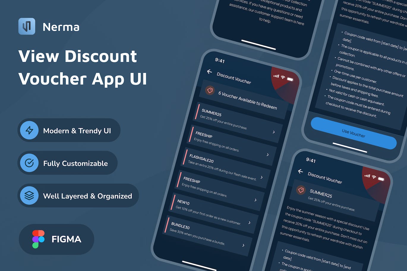 查看折扣券深色模式应用程序 UI 模板 Nerma &#8211; View Discount Voucher Dark Mode App UI