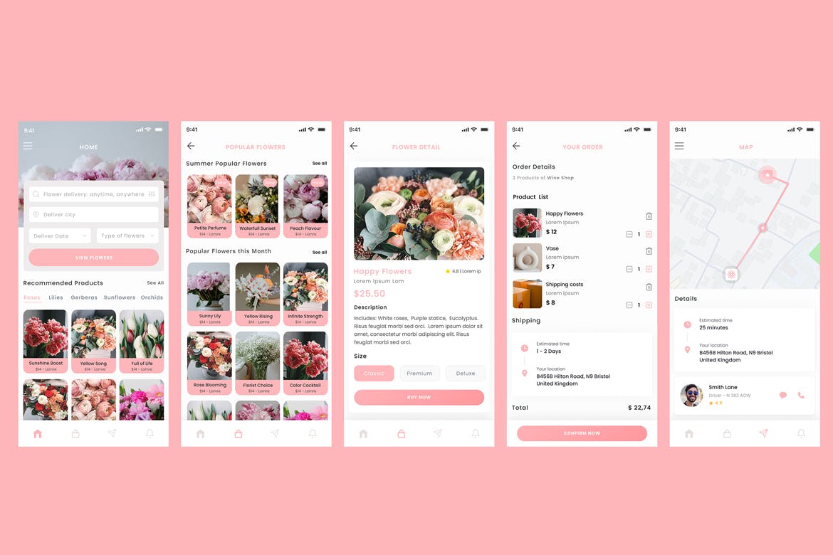 鲜花速递店和鲜花花束商店应用程序设计模板 Flowers Delivery Shop &#038; Flower Bouquet Store App