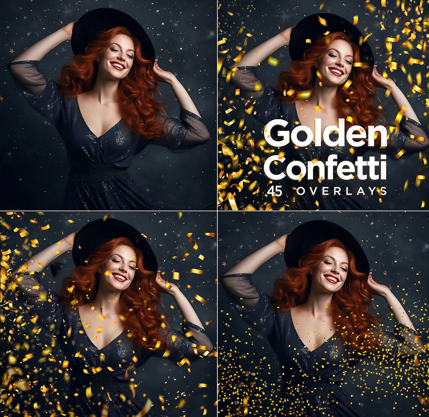 45个金色五彩纸屑 Photoshop 叠加层高清背景 45 Golden Confetti Photoshop Overlays, Glitter